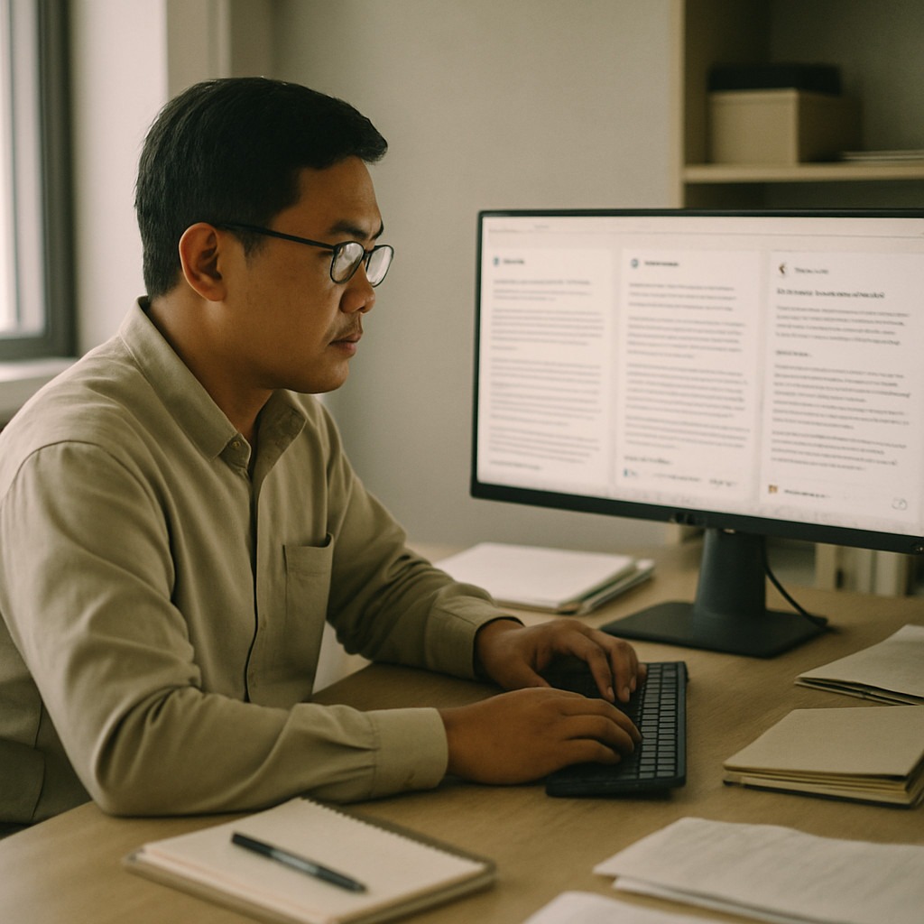 Singapore SME business owner reviewing AEO strategy with ChatGPT and Perplexity results on screen — Kaizenaire AEO guide 2026