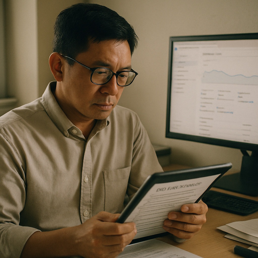 Singapore marketing professional reviewing AEO audit checklist on tablet — Kaizenaire AEO citation services Singapore