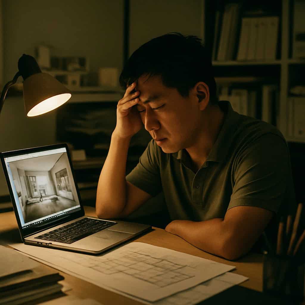 Singapore senior interior designer exhausted at evening desk with V-Ray render open — Kaizenaire ID firm burnout 2026