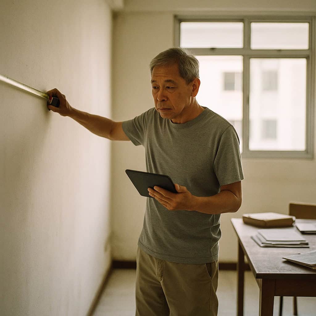 Singapore senior interior designer on Saturday HDB site visit with tape measure and tablet — Kaizenaire offshore designer support