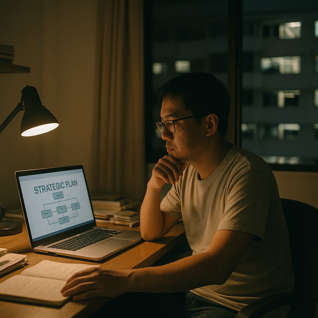 Singapore SME founder reviewing 2026 survival strategy late at night — Kaizenaire Singapore SME survival framework