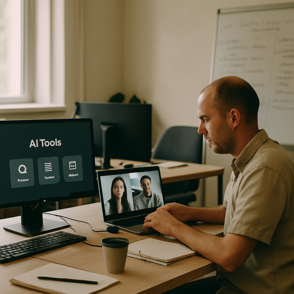 Singapore SME workspace with AI tools, remote team video call, and strategic planning zones — Kaizenaire three-layer defence framework